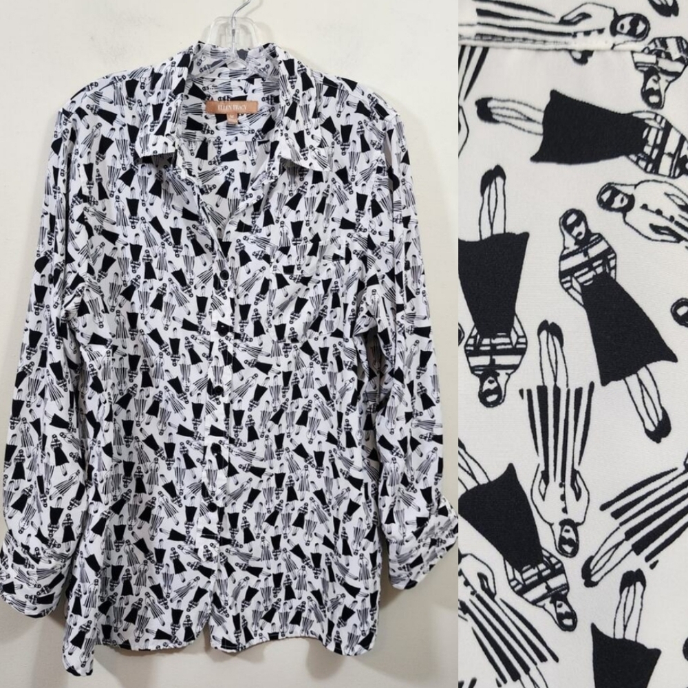 Ellen Tracy double vision woman print roll tab sleeve button front‎ blouse sz M